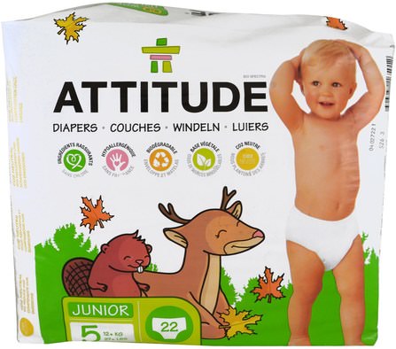 Diapers, Junior, Size 5, 27+ lbs (12+ kg), 22 Diapers by ATTITUDE, 兒童健康，尿布，一次性尿布 HK 香港