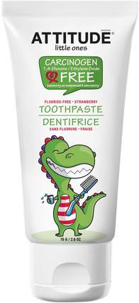 Little Ones, Toothpaste, Fluoride Free, Strawberry, 2.6 oz (75 g) by ATTITUDE, 兒童健康，嬰兒口腔護理，牙膏，兒童和嬰兒牙膏 HK 香港
