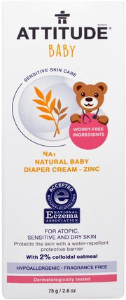 Sensitive Skin Care, Baby, Natural Baby Diaper Cream - Zinc, Fragrance Free, 2.6 oz (75 g) by ATTITUDE, 兒童健康，尿布，尿布霜，態度敏感的皮膚護理 HK 香港