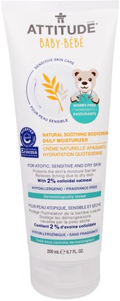 Sensitive Skin Care, Baby, Natural Soothing Bodycream Daily Moisturizer, Fragrance Free, 6.7 fl oz (200 ml) by ATTITUDE, 健康，皮膚，態度敏感的皮膚護理 HK 香港