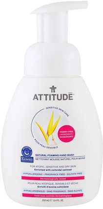 Sensitive Skin Care, Natural Foaming Hand Wash, Fragrance Free, 8.4 fl oz (250 ml) by ATTITUDE, 洗澡，美容，肥皂，泡沫肥皂，態度敏感的皮膚護理 HK 香港