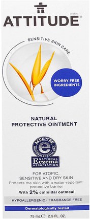 Sensitive Skin Care, Natural Protective Ointment, Fragrance Free, 2.5 fl oz (75 ml) by ATTITUDE, 兒童健康，尿布，尿布霜，態度敏感的皮膚護理 HK 香港