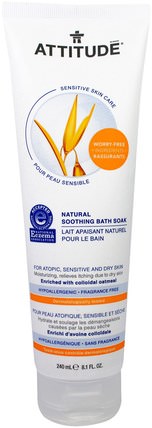 Sensitive Skin Care, Natural Soothing Bath Soak, Fragrance Free, 8.1 fl oz (240 ml) by ATTITUDE, 沐浴，美容，身體護理，態度敏感的護膚品 HK 香港