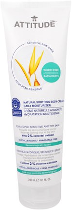 Sensitive Skin Care, Natural Soothing Body Cream, Daily Moisturizer, Fragrance Free, 8.1 fl oz (240 ml) by ATTITUDE, 健康，皮膚，態度敏感的皮膚護理 HK 香港