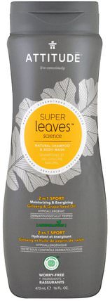 Super Leaves Science, Natural Shampoo & Body Wash, 2 in 1 Sport, Ginseng & Grape Seed Oil, 16 oz (473 ml) by ATTITUDE, 洗澡，美容，男士個人護理，頭髮，頭皮，男士護髮 HK 香港