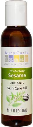 Organic Skin Care Oil, Protecting Sesame, 4 fl oz (118 ml) by Aura Cacia, 健康，皮膚，按摩油 HK 香港