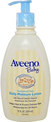 Baby, Daily Moisture Lotion, Fragrance Free, 12 fl oz (354 ml) by Aveeno, 洗澡，美容，潤膚露，嬰兒潤膚露 HK 香港