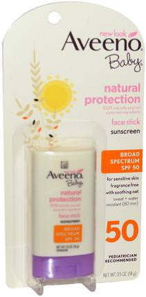Baby, Natural Protection, Face Stick Sunscreen, Broad Spectrum SPF 50, 0.5 oz (14 g) by Aveeno, 洗澡，美容，防曬霜，spf 50-75，兒童和嬰兒防曬霜 HK 香港