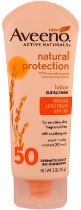 Natural Protection, Sunscreen Lotion SPF 50, for Sensitive Skin, Fragrance Free, 3 oz (85 g) by Aveeno, 美容，洗澡，防曬霜 HK 香港