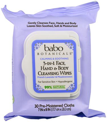 3-In-1 Calming & Soothing Face, Hand & Body Cleansing Wipes, French Lavender & Meadowseet, 30 Pre-Moistened Cloths by Babo Botanicals, 美容，面部護理，面部濕巾，沐浴 HK 香港