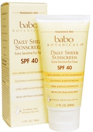 40 SPF Daily Sheer For Face Sunscreen, 1.7 fl oz (50 ml) by Babo Botanicals, 洗澡，美容，防曬霜，兒童和嬰兒防曬霜，spf 30-45 HK 香港