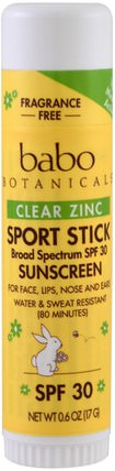 Clear Zinc, Sport Stick Sunscreen, SPF 30, Fragrance Free, 0.6 oz (17 g) by Babo Botanicals, 洗澡，美容，唇部護理，唇部防曬霜 HK 香港