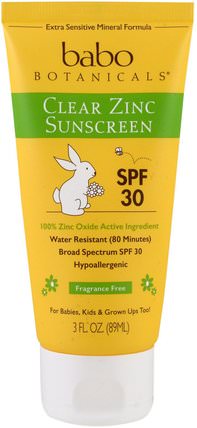 Clear Zinc Sunscreen, SPF 30, Fragrance Free, 3 fl oz (89 ml) by Babo Botanicals, 洗澡，美容，防曬霜，兒童和嬰兒防曬霜 HK 香港