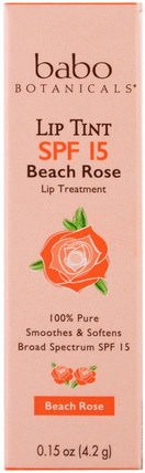 Lip Tint Balm, SPF 15, Beach Rose, 0.15 oz (4.2 g) by Babo Botanicals, 沐浴，美容，唇部護理，唇部防曬霜，口紅，光澤，襯墊 HK 香港