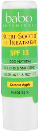 Nutri-Soothe Lip Treatment, SPF 15, Coconut Apple, 0.15 oz (4.2 g) by Babo Botanicals, 美容，面部護理，spf面部護理，沐浴，唇部護理 HK 香港