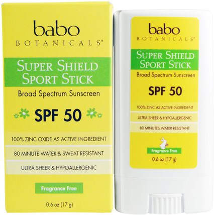 Super Shield Sport Stick, Fragrance Free, SPF 50, 0.6 oz (17 g) by Babo Botanicals, 浴，美容，防曬霜，spf 50-75 HK 香港