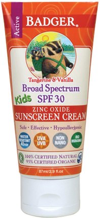 Active Kids, Zinc Oxide Sunscreen Cream, SPF 30, Tangerine & Vanilla, 2.9 fl oz (87 ml) by Badger Company, 健康，皮膚護理，沐浴，美容，防曬霜，spf 30-45 HK 香港