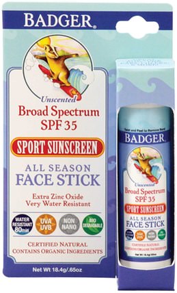 All Season Face Stick, Sport Sunscreen, SPF 35, Unscented.65 oz (18.4 g) by Badger Company, 健康，皮膚護理，沐浴，美容，防曬霜，spf 30-45 HK 香港