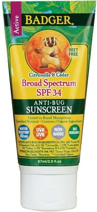Anti-Bug Sunscreen, Broad Spectrum SPF 34, 2.9 fl oz (87 ml) by Badger Company, 保健，護膚，沐浴，美容，防曬 HK 香港