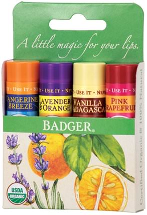Organic Classic Lip Balm Sticks, Green Box, 4 Lip Balm Sticks.15 oz (4.2 g) Each by Badger Company, 洗澡，美容，禮品套裝，唇部護理，唇膏 HK 香港