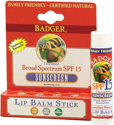 Sunscreen Lip Balm Stick, SPF 15, Unscented.15 oz (4.2 g) by Badger Company, 洗澡，美容，唇部護理，唇部防曬霜，唇膏 HK 香港
