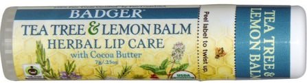 Tea Tree & Lemon Balm Herbal Lip Care with Cocoa Butter, .25 oz (7 g) by Badger Company, 洗澡，美容，唇部護理，唇膏 HK 香港