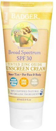 Tinted Zinc Oxide Sunscreen Cream, Broad Spectrum SPF 30, Unscented, 2.9 fl oz (87 ml) by Badger Company, 健康，皮膚護理，沐浴，美容，防曬霜，spf 30-45 HK 香港
