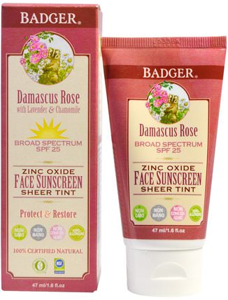 Zinc Oxide Face Sunscreen Sheer Tint, SPF 25, Damascus Rose, 1.6 fl oz (47 ml) by Badger Company, 健康，皮膚護理，沐浴，美容，防曬霜，spf 05-25 HK 香港