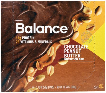 Nutrition Bar, Chocolate Peanut Butter, 6 Bars, 1.76 oz (50 g) Each by Balance Bar, 補品，營養棒，小吃，健康零食 HK 香港