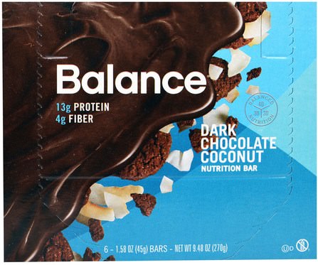 Nutrition Bar, Dark Chocolate Coconut, 6 Bars, 1.58 oz (45 g) Each by Balance Bar, 補品，營養棒，小吃，健康零食 HK 香港