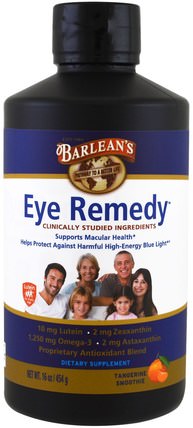Eye Remedy, Tangerine Smoothie, 16 oz (454 g) by Barleans, 補充劑，抗氧化劑，葉黃素，efa omega 3 6 9（epa dha） HK 香港