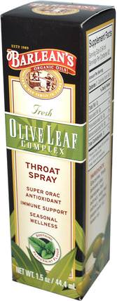 Fresh Olive Leaf Complex, Throat Spray, Soothing Peppermint Flavor, 1.5 oz (44.4 ml) by Barleans, 補充劑，抗氧化劑，感冒和病毒，橄欖葉 HK 香港