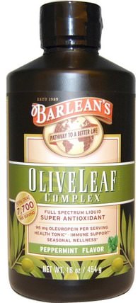 Olive Leaf Complex, Peppermint Flavor, 16 oz (454 g) by Barleans, 補充劑，抗氧化劑，感冒和病毒，橄欖葉 HK 香港