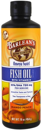 Omega Swirl, Fish Oil with Vitamin D Supplement, Mango Peach, 16 oz (454 g) by Barleans, 補充劑，efa omega 3 6 9（epa dha），魚油液體，barleans魚油 HK 香港
