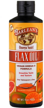 Omega Swirl, Flax Oil, Mango Fusion, 16 oz (454 g) by Barleans, 補充劑，efa omega 3 6 9（epa dha），亞麻油液體 HK 香港
