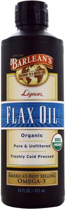 Organic Lignan Flax Oil, 16 fl oz (473 ml) by Barleans, 補充劑，efa omega 3 6 9（epa dha），亞麻油液體 HK 香港
