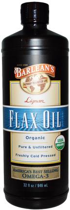 Organic Lignan Flax Oil, 32 fl oz (946 ml) by Barleans, 補充劑，efa omega 3 6 9（epa dha），亞麻油液體，barleans亞麻油 HK 香港