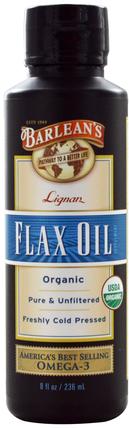 Organic Lignan Flax Oil, 8 fl oz (236 ml) by Barleans, 補充劑，efa omega 3 6 9（epa dha），亞麻油液體 HK 香港