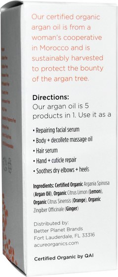 洗澡，美女，摩洛哥堅果 - Acure Organics, Aromatherapeutic Moroccan Argan Oil, Citrus Ginger, 1 fl oz (30 ml)