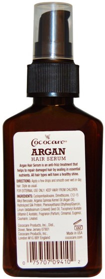 洗澡，美容，堅果護髮素，頭髮，頭皮，洗髮水，護髮素 - Cococare, Argan Hair Serum, 4 fl oz (118 ml)