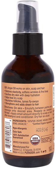 洗澡，美容，摩洛哥堅果油 - Pura Dor, 100% Argan Oil, 4 fl oz (118 ml)