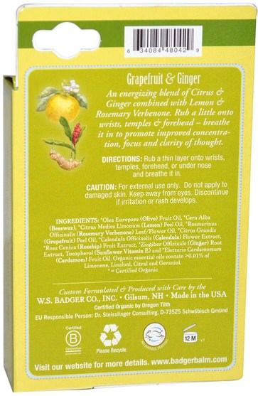 沐浴，美容，香薰精油 - Badger Company, Focus Balm, Grapefruit & Ginger.60 oz (17 g)
