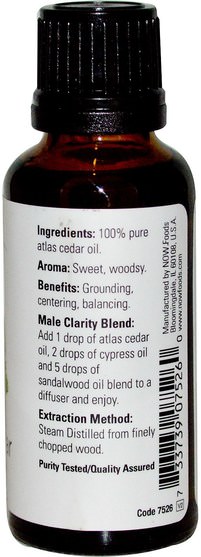 沐浴，美容，香薰精油，雪松油 - Now Foods, Essential Oils, Atlas Cedar, 1 fl oz (30 ml)