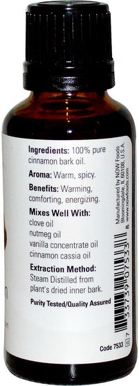 沐浴，美容，香薰精油，肉桂油 - Now Foods, Essential Oils, Cinnamon Bark, 1 fl oz (30 ml)