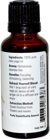 沐浴，美容，香薰精油，鼠尾草精油 - Now Foods, Essential Oils, Clary Sage, 1 fl oz (30 ml)