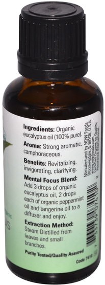 沐浴，美容，香薰精油，桉樹油 - Now Foods, Organic Essential Oils, Eucalyptus, 1 fl oz (30 ml)