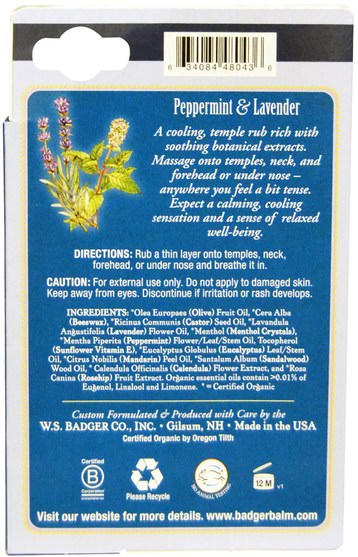 洗澡，美容，香薰精油，健康，頭痛 - Badger Company, Headache Soother, Peppermint & Lavender.60 oz (17 g)