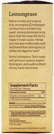 沐浴，美容，香薰精油，檸檬草油 - Alvita Teas, Organic Lemongrass Tea, Caffeine Free, 24 Tea Bags, 1.69 oz (48 g)