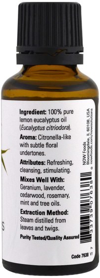 沐浴，美容，香薰精油 - Now Foods, Essential Oils, Lemon Eucalyptus, 1 fl oz (30 ml)