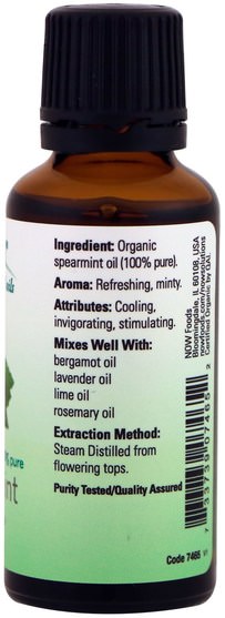 沐浴，美容，香薰精油 - Now Foods, Organic Essential Oils, Spearmint, 1 fl oz (30 ml)